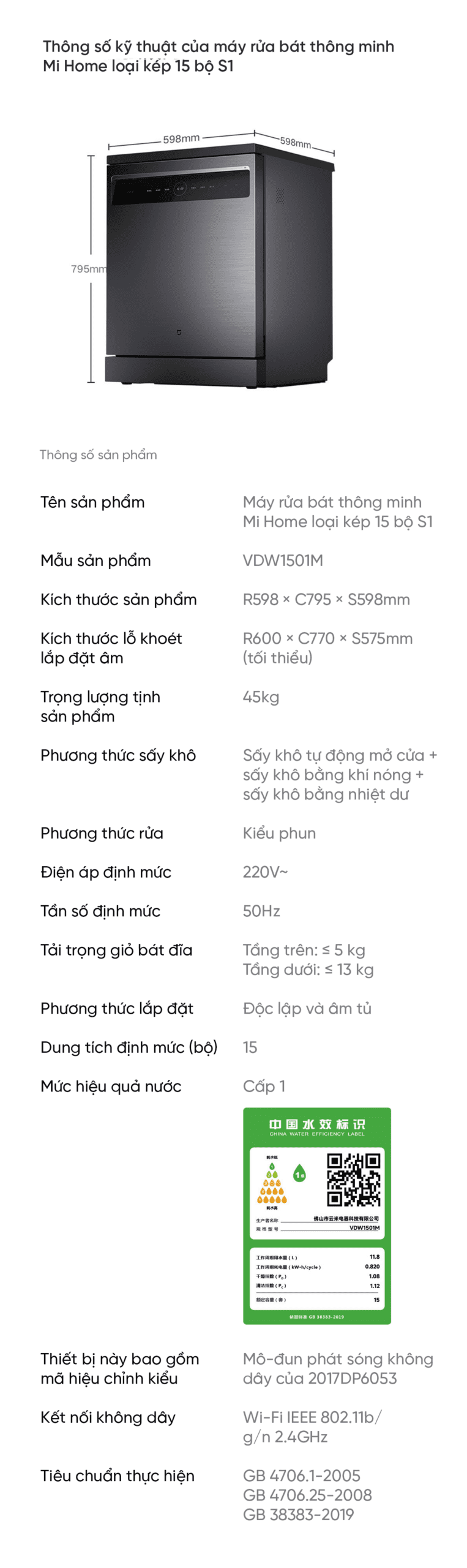 Máy rửa bát Xiaomi Mijia S1 VDW1501M 15 bộ