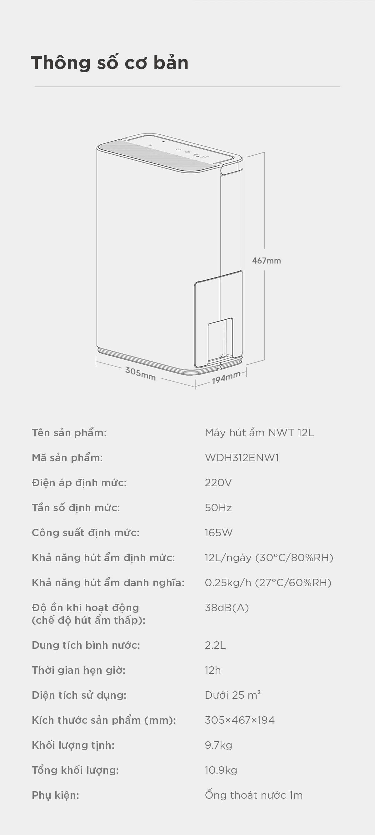 Máy Hút Ẩm Xiaomi NWT 12L Thông Minh