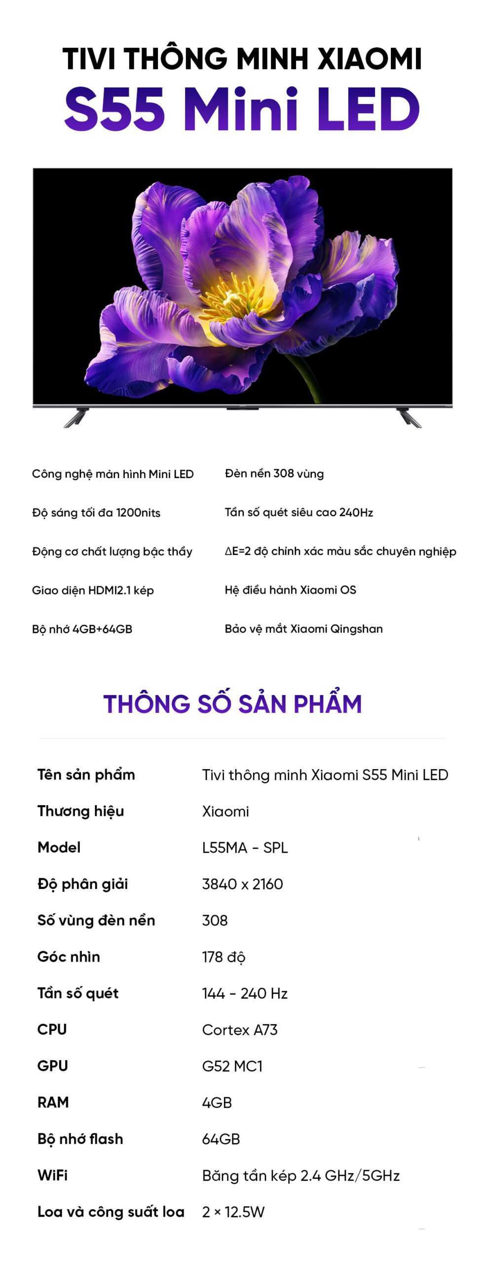 Tivi Xiaomi S 55 Mini LED 55 Inch 240Hz Ram 4/64GB
