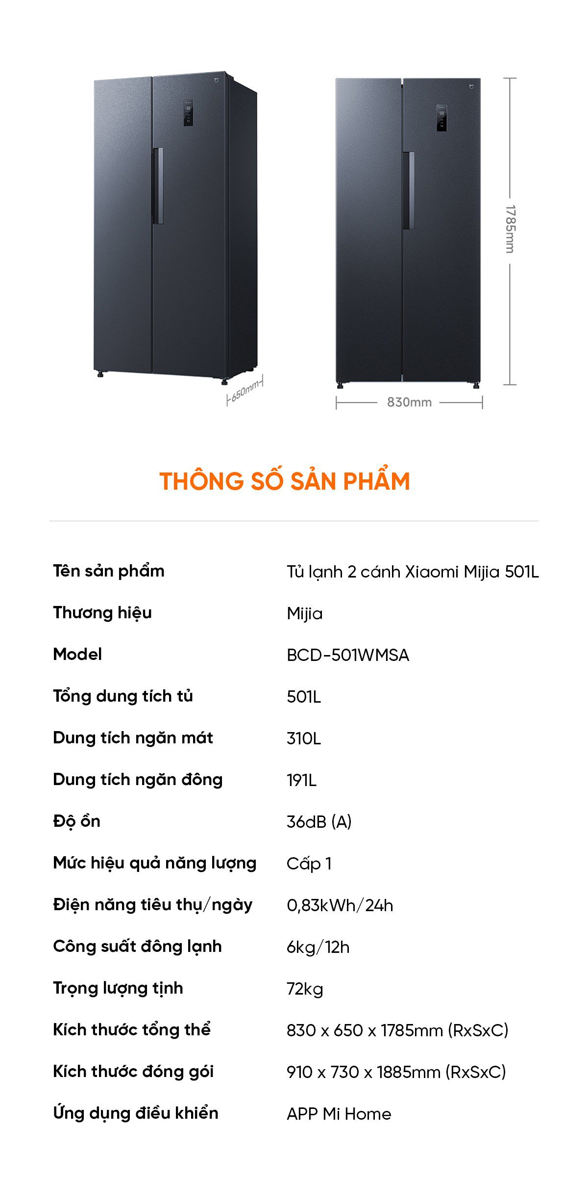 Tủ lạnh Xiaomi Mijia 501L, 2 cánh, siêu mỏng