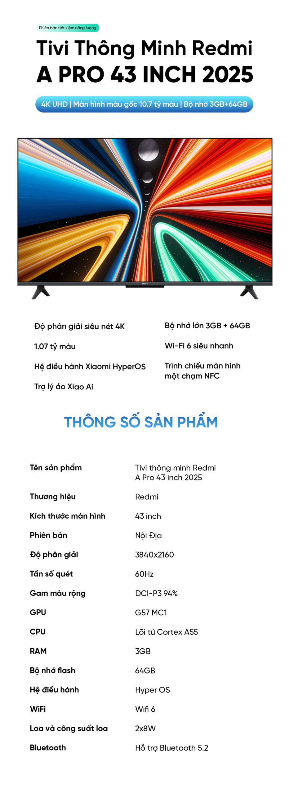 Tivi Xiaomi Redmi A Pro 43 Inch 2025 Ram 3/64GB Tiết Kiệm Điện