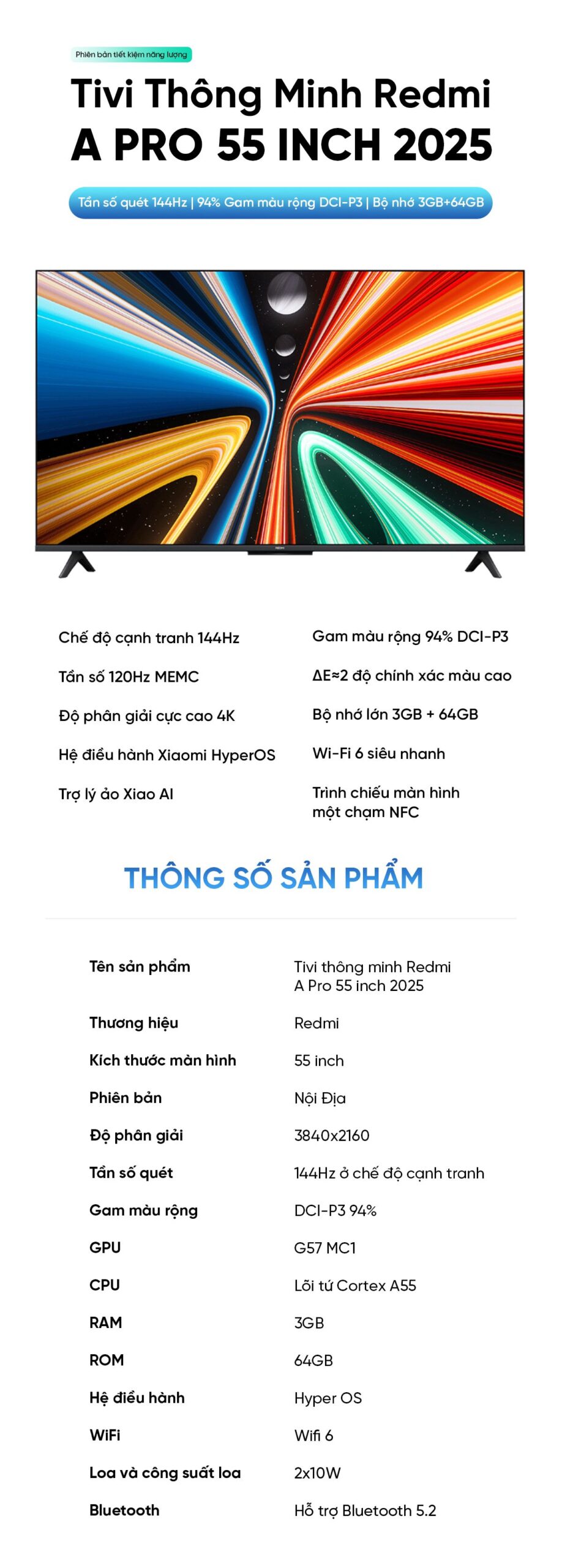 Tivi Xiaomi Redmi A Pro 55 Inch 2025 Ram 3/64GB 144Hz Tiết Kiệm Điện