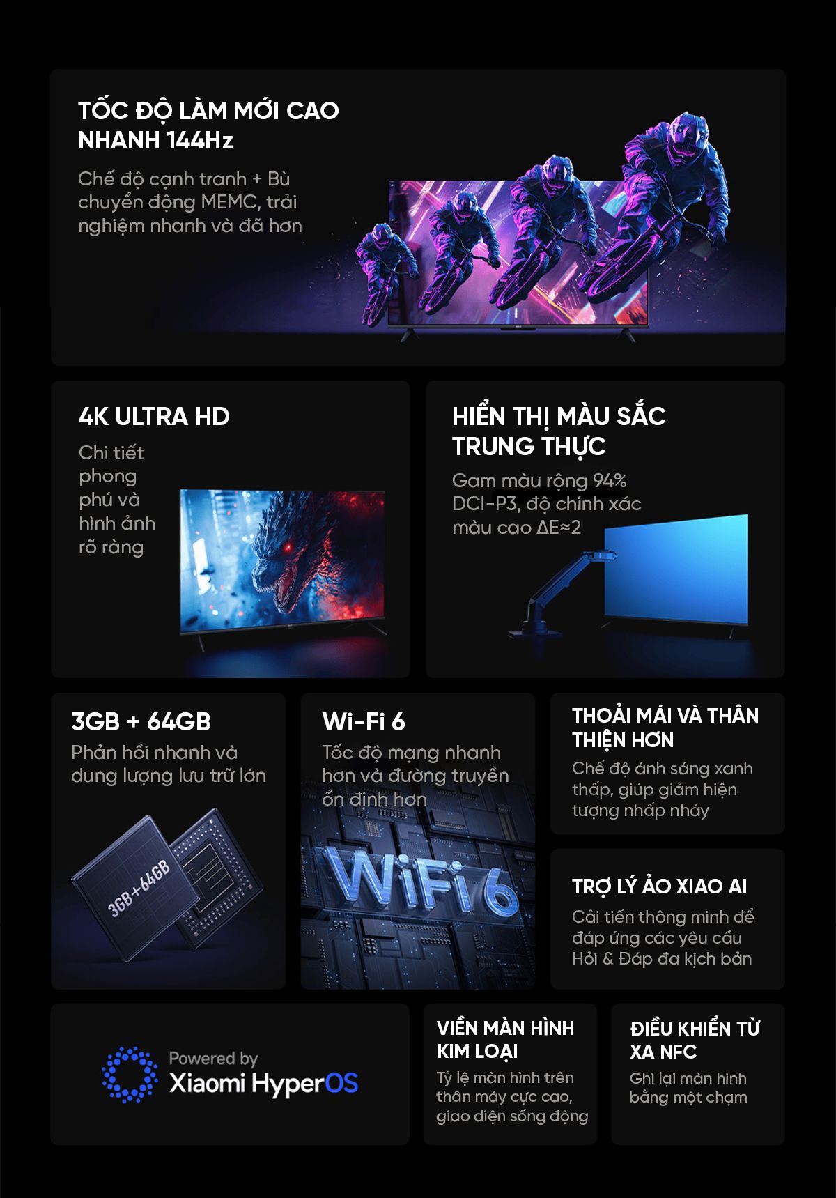 Tivi Xiaomi Redmi A Pro 65 Inch 2025 Ram 3/64GB 144Hz Tiết Kiệm Điện
