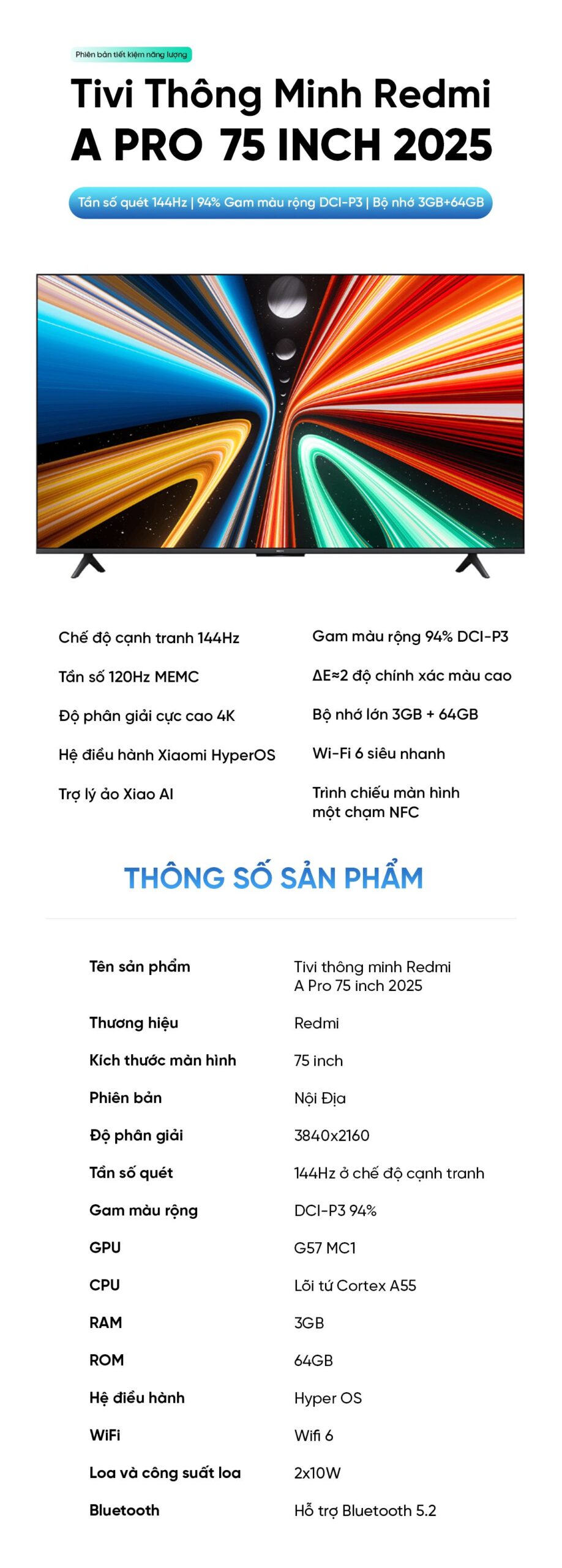 Tivi Xiaomi Redmi A Pro 75 Inch 2025 Ram 3/64GB 144Hz Tiết Kiệm Điện