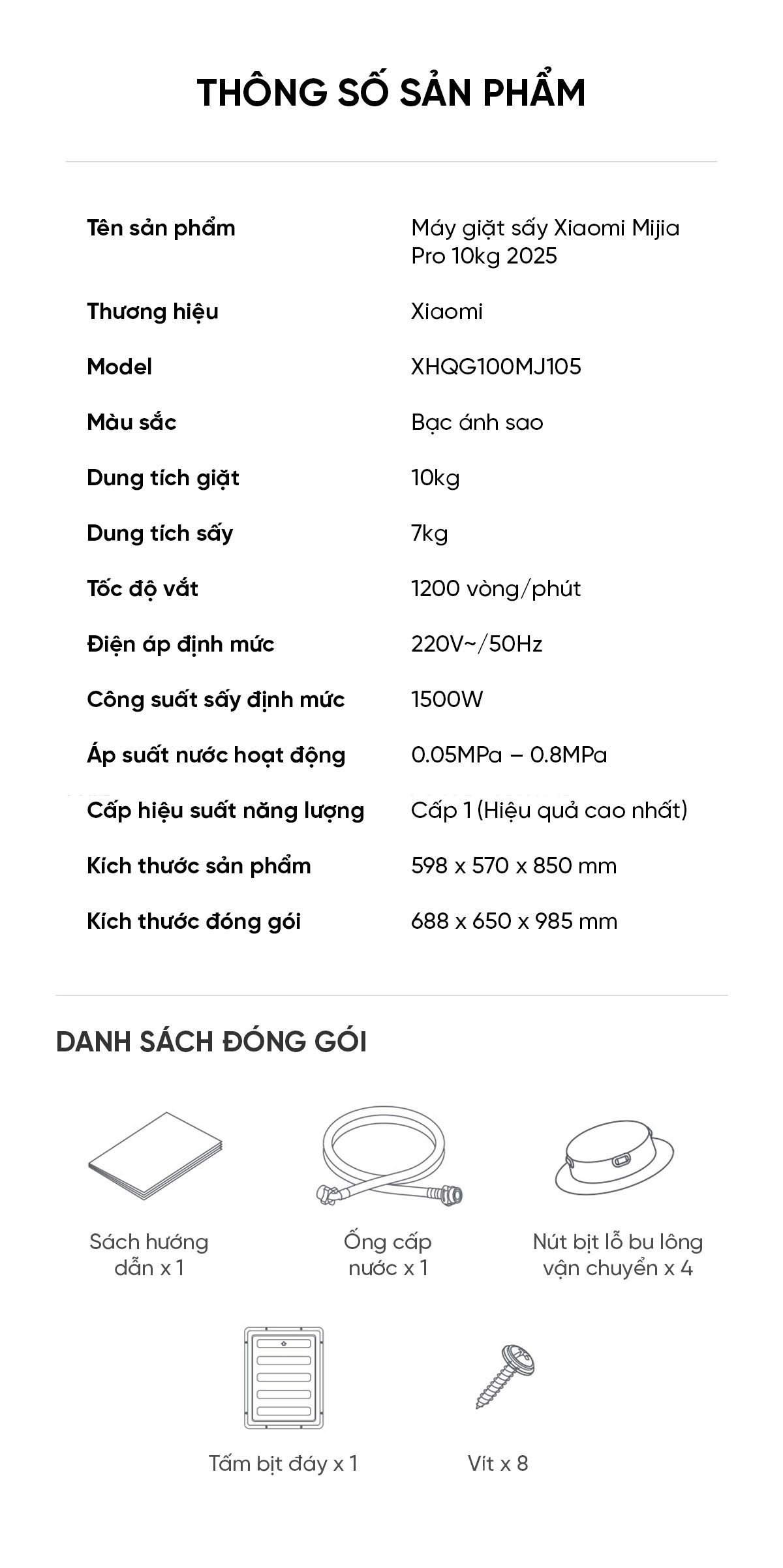 Máy giặt sấy Xiaomi Mijia MJ105 New 2025, giặt 10kg, sấy 7kg Tự Động Phân Chia Nước Giặt