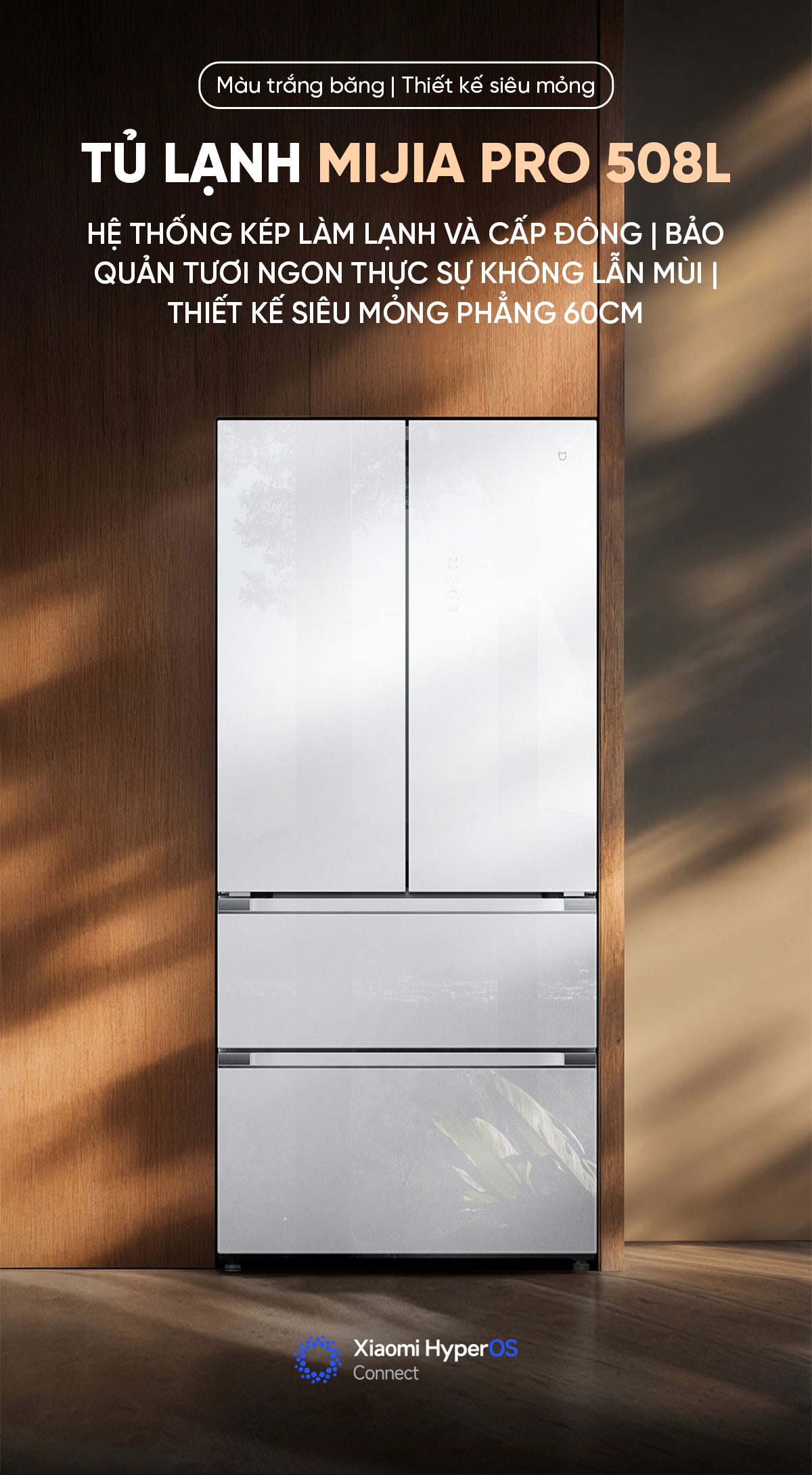 Tủ lạnh Xiaomi Mijia 508L Pro 2025, 3 cửa, mặt kính trắng băng