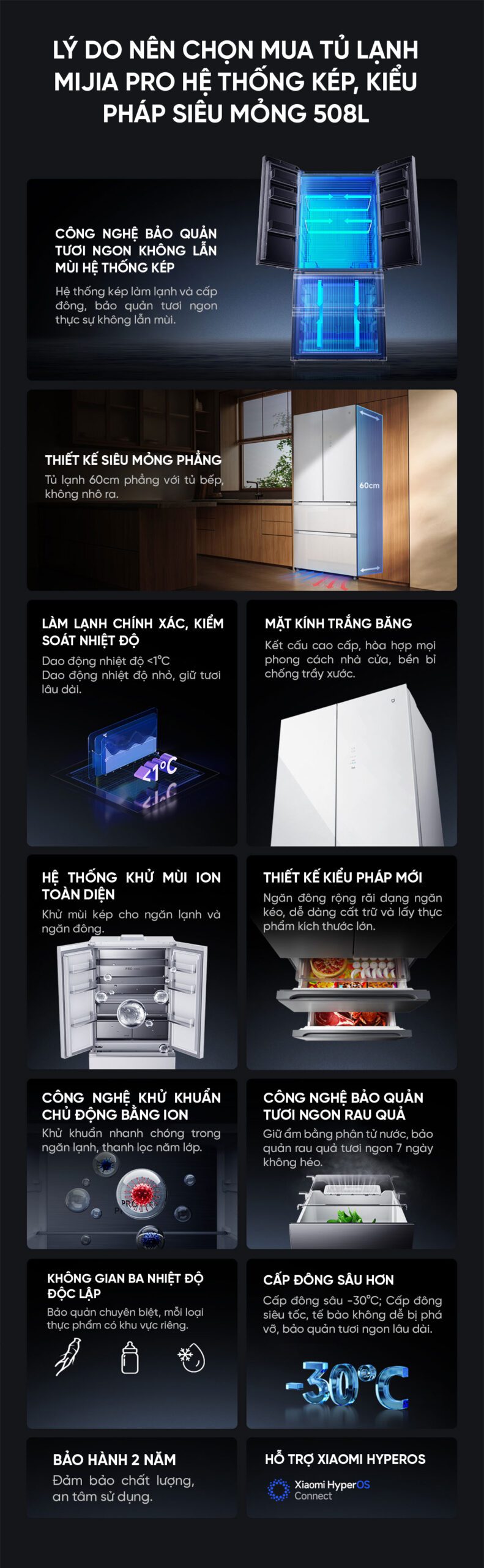 Tủ lạnh Xiaomi Mijia 508L Pro 2025, 3 cửa, mặt kính trắng băng