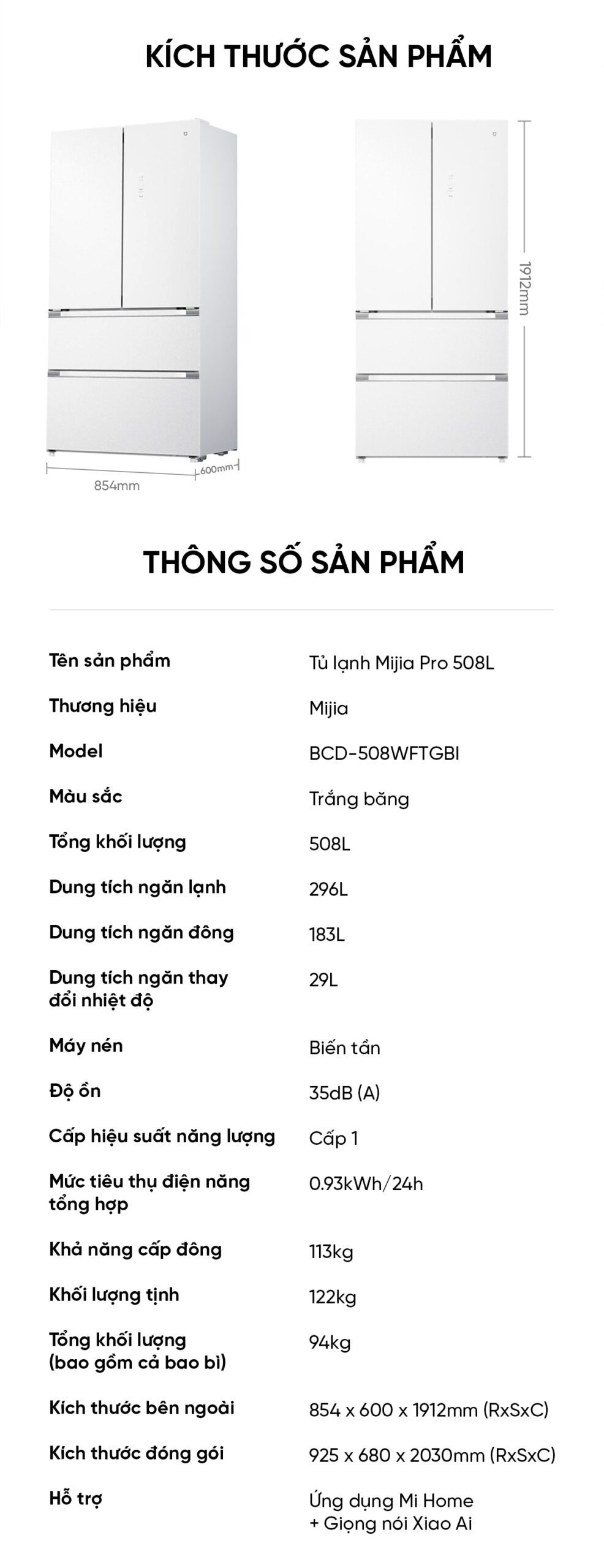 Tủ lạnh Xiaomi Mijia 508L Pro 2025, 3 cửa, mặt kính trắng băng