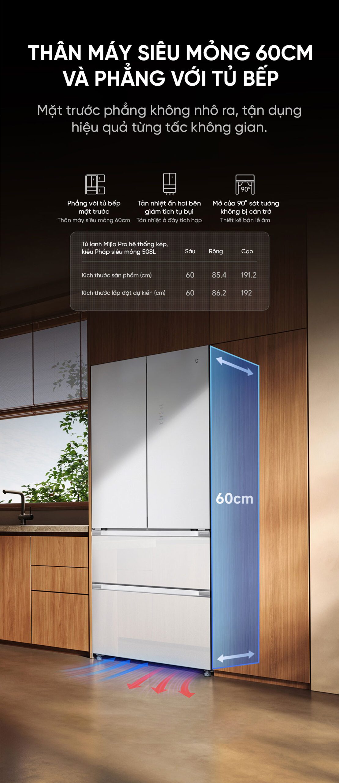 Tủ lạnh Xiaomi Mijia 508L Pro 2025, 3 cửa, mặt kính trắng băng
