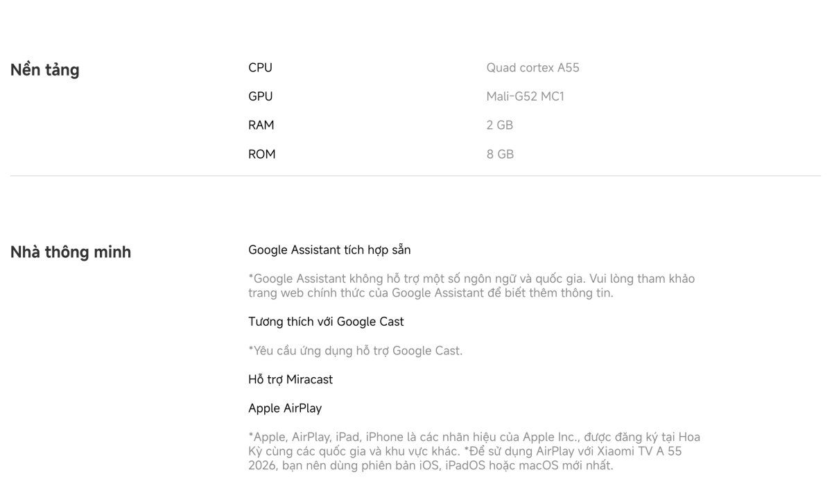 Tivi Xiaomi A 55 Inch – 2026 Bản Quốc Tế – 4K/60Hz – 2GB/8GB
