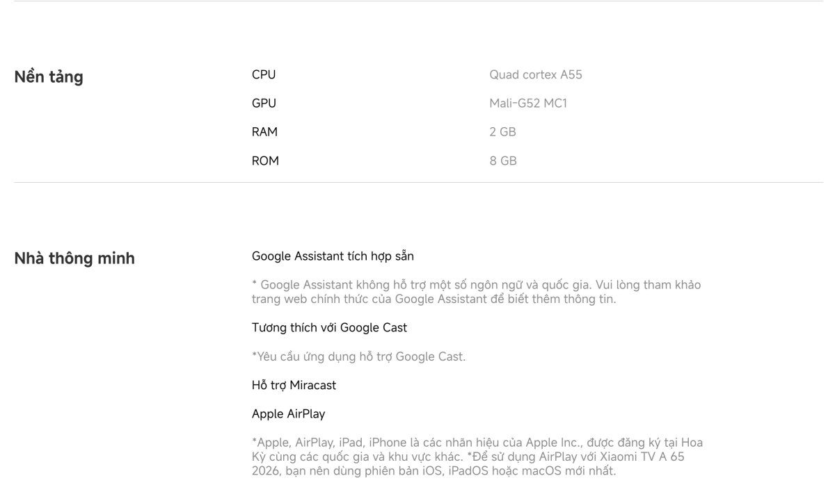 Tivi Xiaomi A 65 Inch – 2026 Bản Quốc Tế – 4K/60Hz – 2GB/8GB