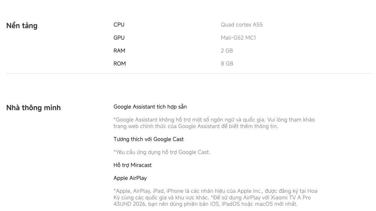 Tivi Xiaomi A Pro 43 Inch – 2026 Bản Quốc Tế – QLED 4K/60Hz – 2GB/8GB