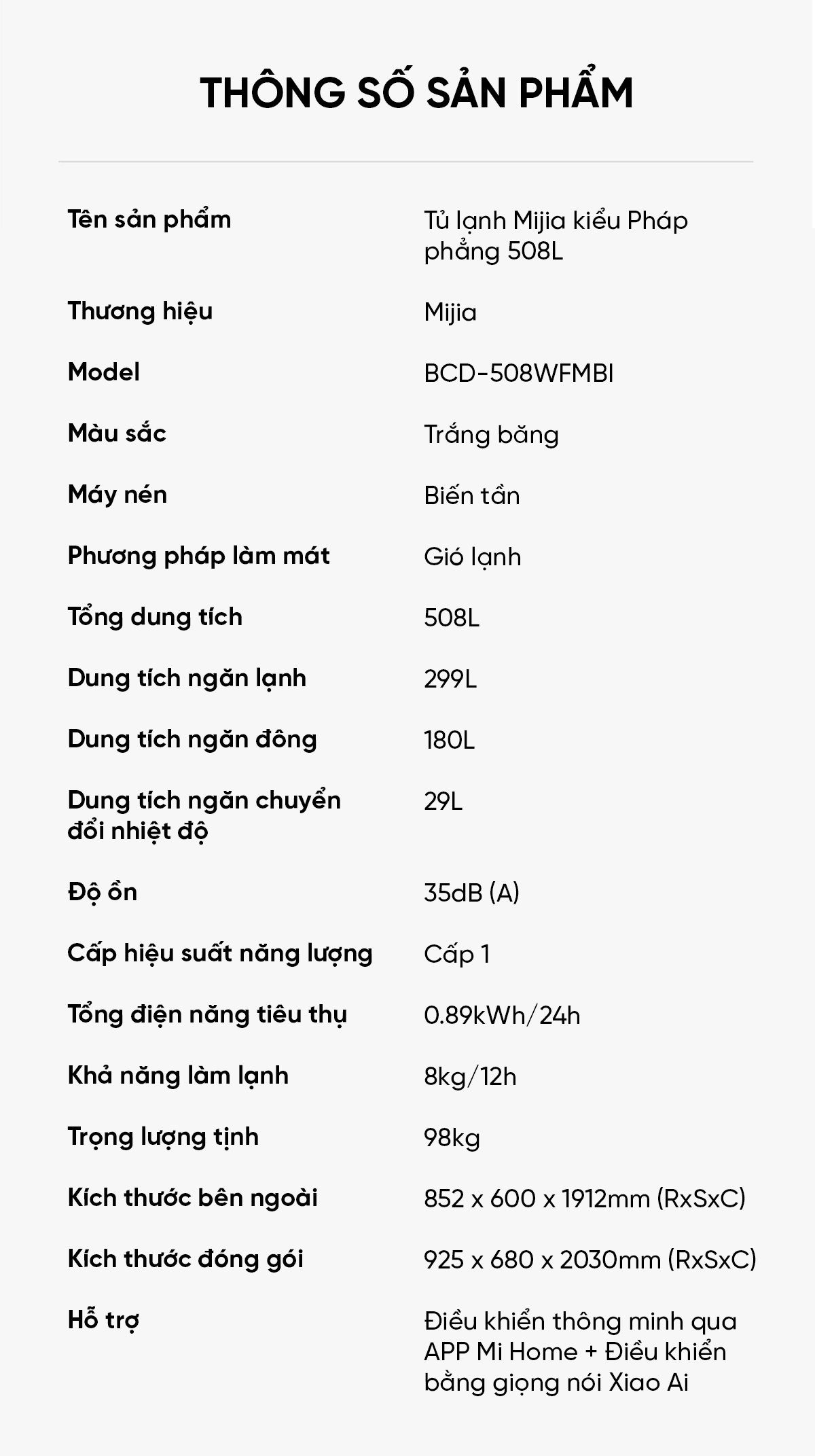 Tủ lạnh Xiaomi Mijia 508L kiểu Pháp Màu Trắng Model 2025