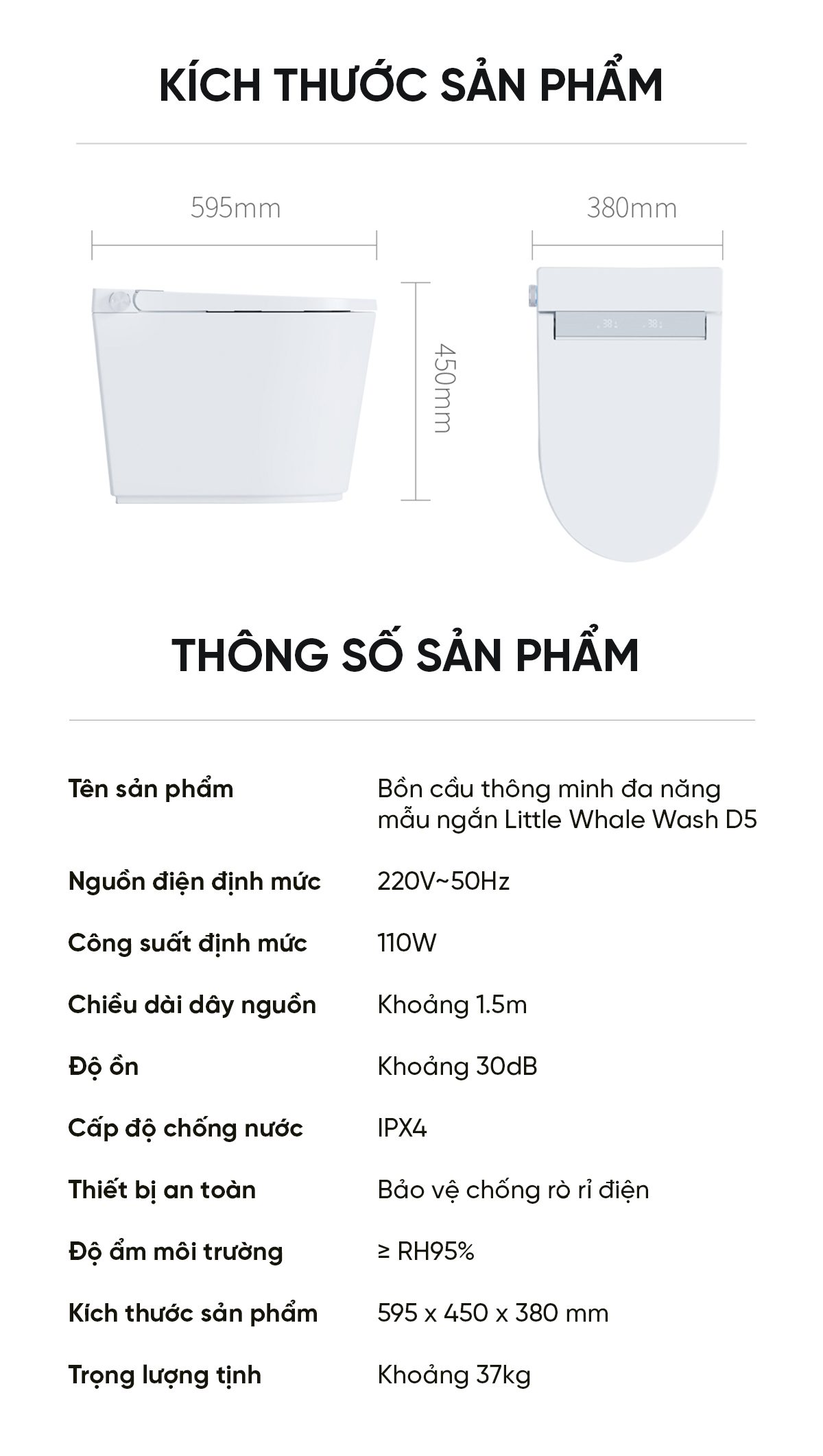 Bồn Cầu Thông Minh Little Whale Wash Đa Năng Mẫu Ngắn D5